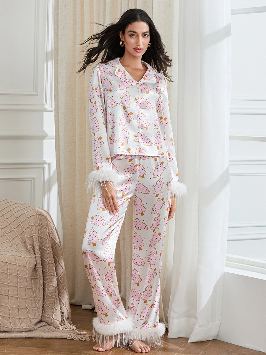 New Fashion Women Christmas Pajamas Lounge Set Santa Christmas Tree/Boots Print Shirts Tops And Pants 2 Piece Loungewear Outfits