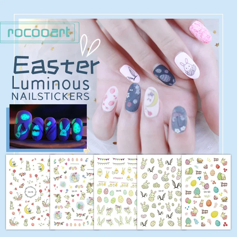 Rocooart Nail Sticker Luminous Nails Art Slider Tattoo Foil Egg Easter Design Decoration Manicure Tips Adhesive Sticker Wraps