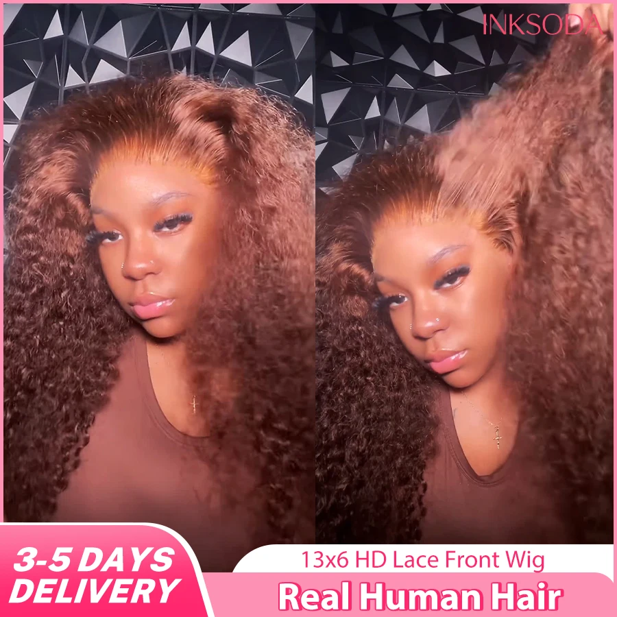Chocolate Brown Colored 220% Density 36 Inch Chocolate Brown 13x6 13x4 HD Transparent Lace Front Wigs Human Hair Curly Deep Wave Brazilian Transparent Lace Frontal Wig For Women Human Hair #4 Colored Wigs Pre-Plucked Prebleached