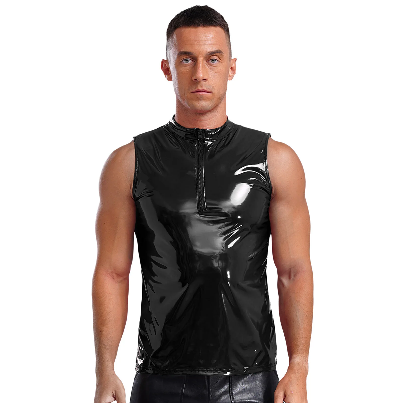 Mens Glossy Wet Look PU Leather Tank Top Sleeveless Stand Collar Sexy Vest Nightclub Music Festival Party Pole Dance Clubwear