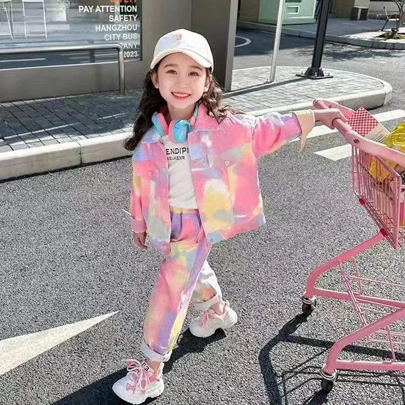 

Spring Autumn Girl Clothing Set Casual Fashion Cartoon Tie Dyed Jacket + Pant Kid Children Baby Toddler Clothing 1-12 Year