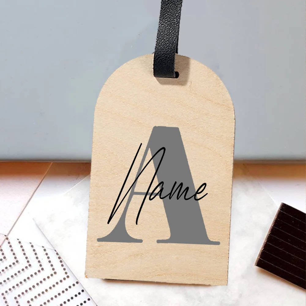 Personalized Minimal Art 26 Initial Wooden Luggage Tag Custom Name Wood Suitcase Tag Simple Monogram Travel Gift