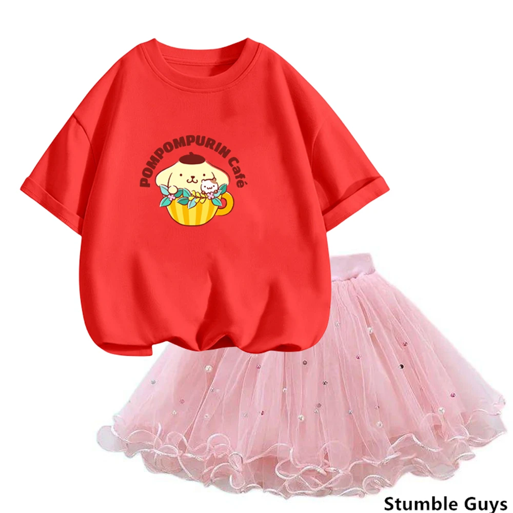 Girls Clothes Korean Pretty pom pom purin T Shirt&mesh Tutu Skirt Two Piece Outfits Set 3-14 Year Children Party Clothing