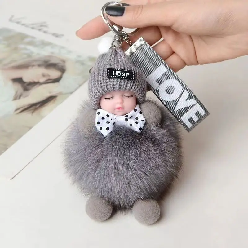 100% real fox hair sleeping doll Car keychain pendant cute action doll Ladies bag pendant cute mobile phone pendant  hair ball