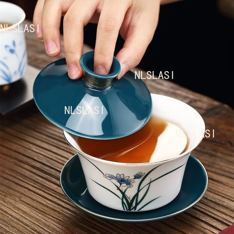 

330ml Orchid Sancai Bowl Chinese Ceramic Large Tea Bowl Household White Porcelain Tea Cup Kung Fu Tea Set Drinking Utensils