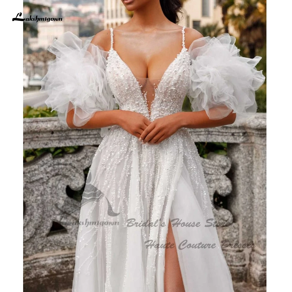 Yanshmigown-Robe de mariée arabe bohème avec col en V plongeant et manches bouffantes, perles de luxe, robes de mariage à la plage, quelque soit le dos nu, 2024