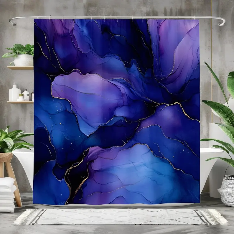 Purple and Blue Abstract Shower Curtain | Waterproof Fabric Bath Curtain | Modern Bathroom Decor - Indigo, Violet, Gold, Black