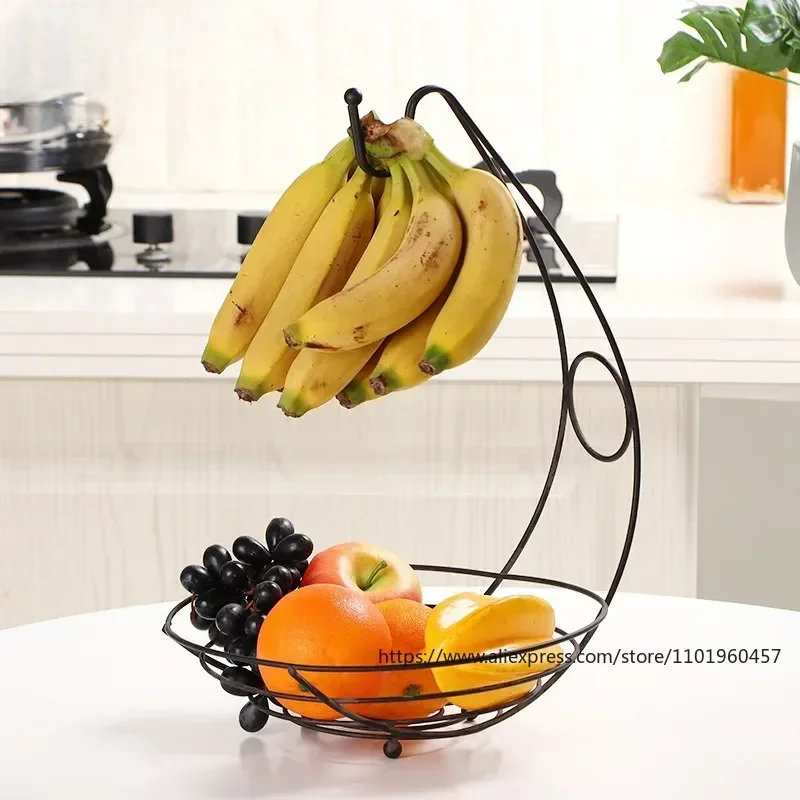 2 In 1 Chrome Iron Banana Hanger Fruit Bowl Tree Holder Basket Stand Hook kitchen Fruits Basket 240x240x440mm
