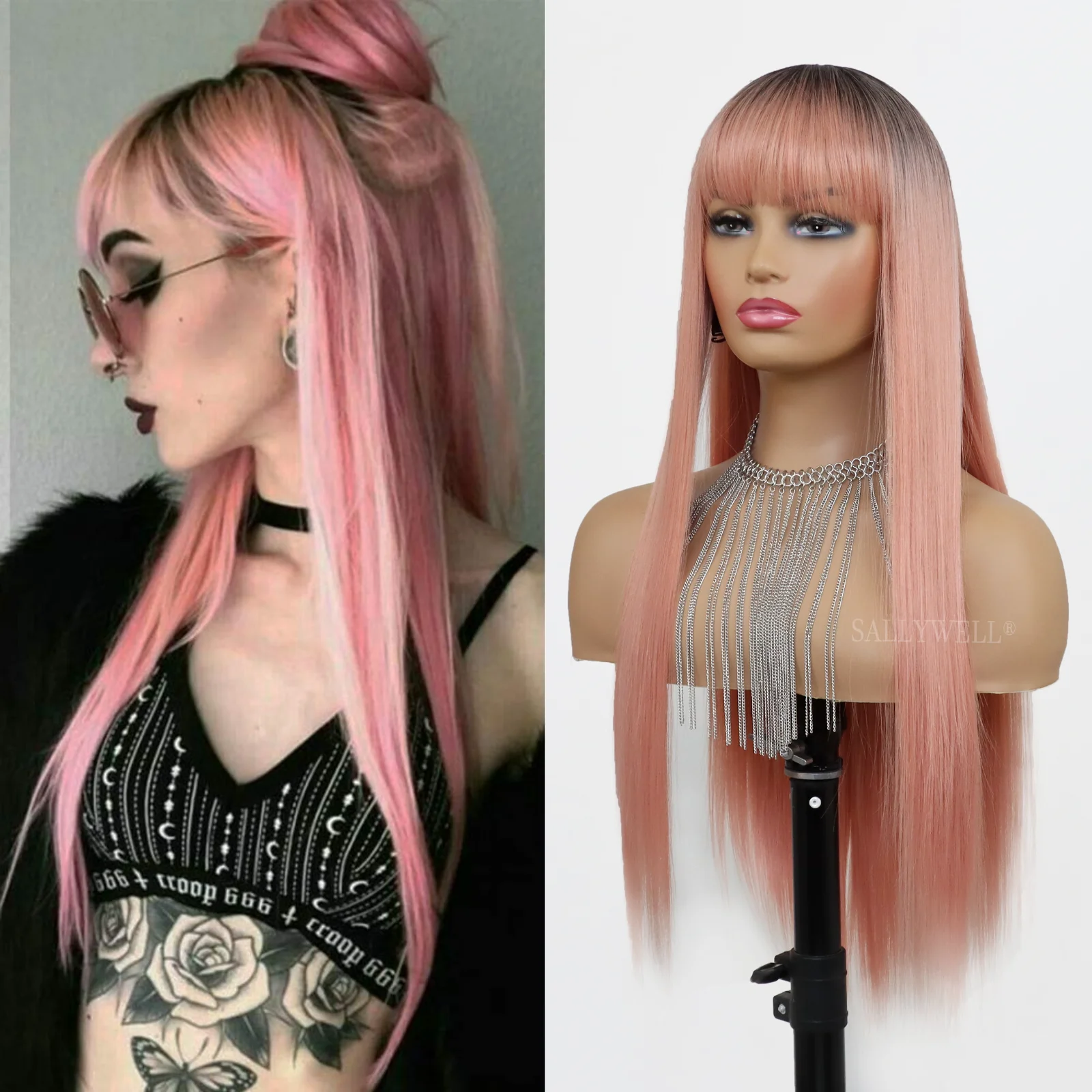 

Pink Straight Wigs With Air Bangs Dark Rooted Ombre Pink Hair Heat Resistant Synthetic Fiber Glueless Wig