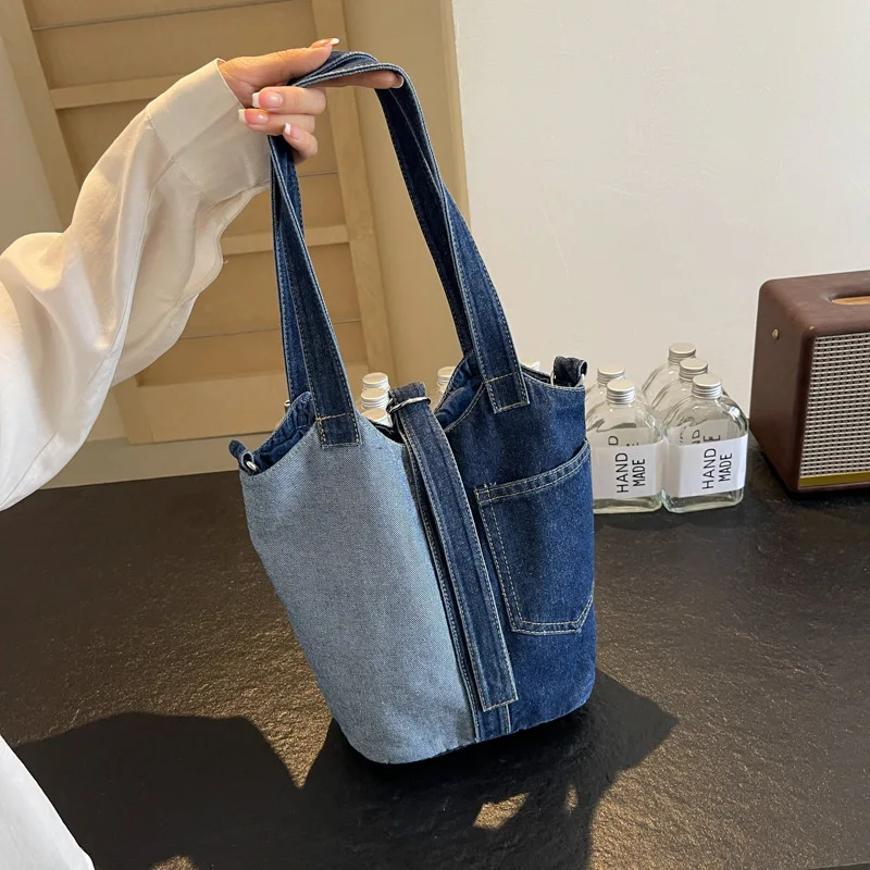 Bucket Canvas Women's Bag 2024 Fashion Hand Bill Shoulder Bag Spliced Denim Crossbody Purses And Handbgas