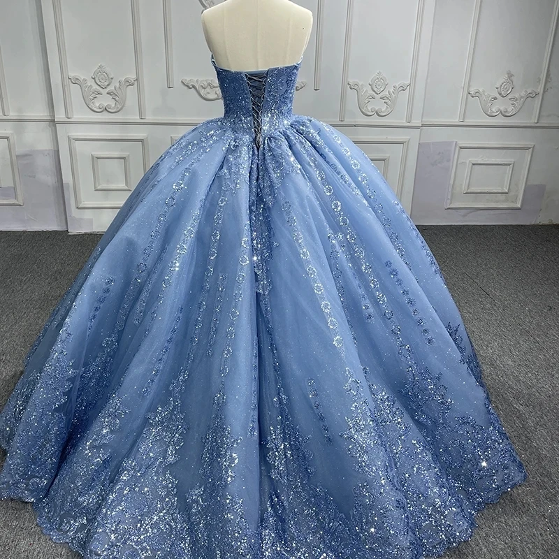 Sky Blue Shiny Off The Shoulder Quinceanera Dress Ball Gown Lace Applique Beaded Tull Sweet 16 Vestido 15 De Años