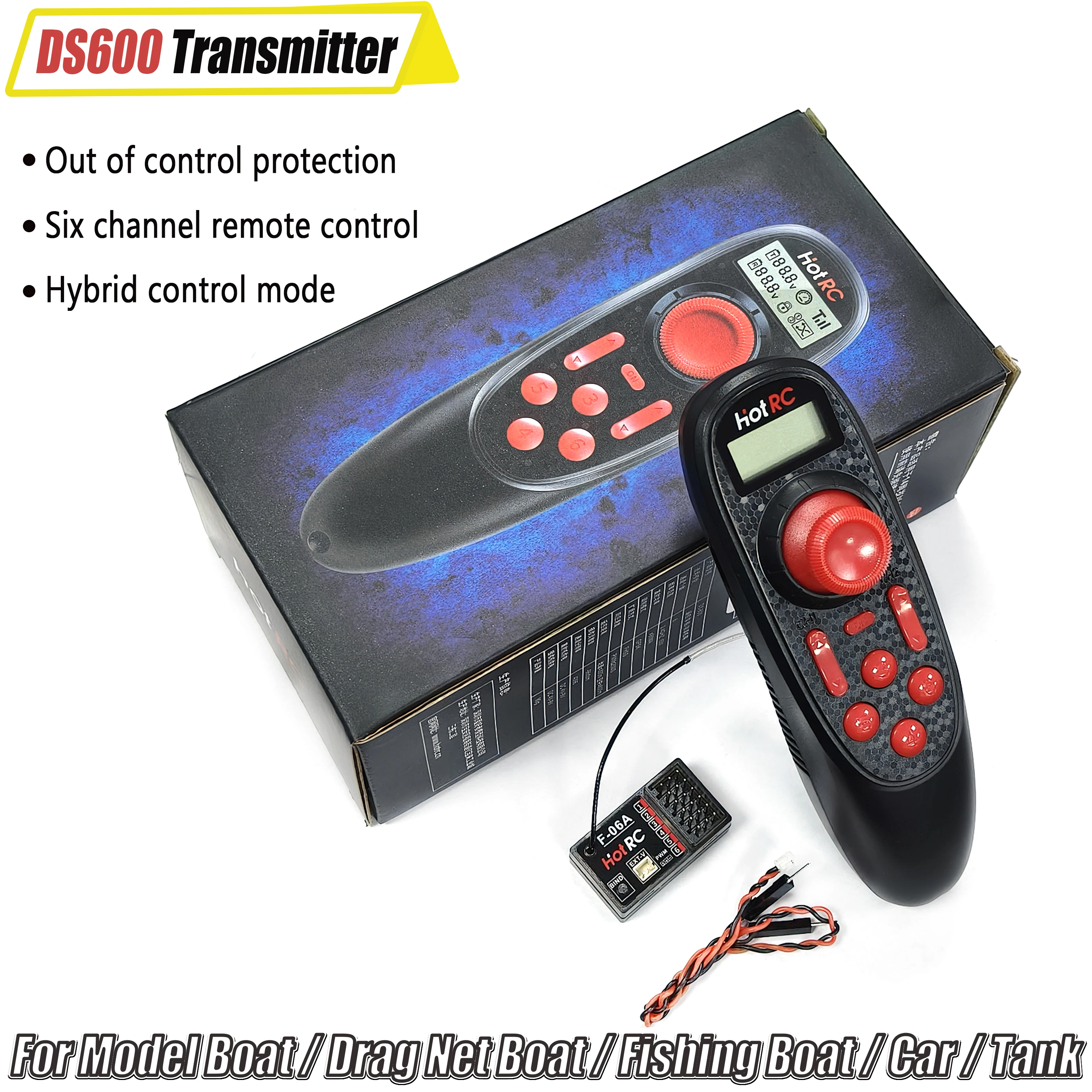 

HOTRC DS-600 6CH 2.4GHz Radio System Transmitter Remote Controller with F-06A Channel Receiver for RC Fishing Boat