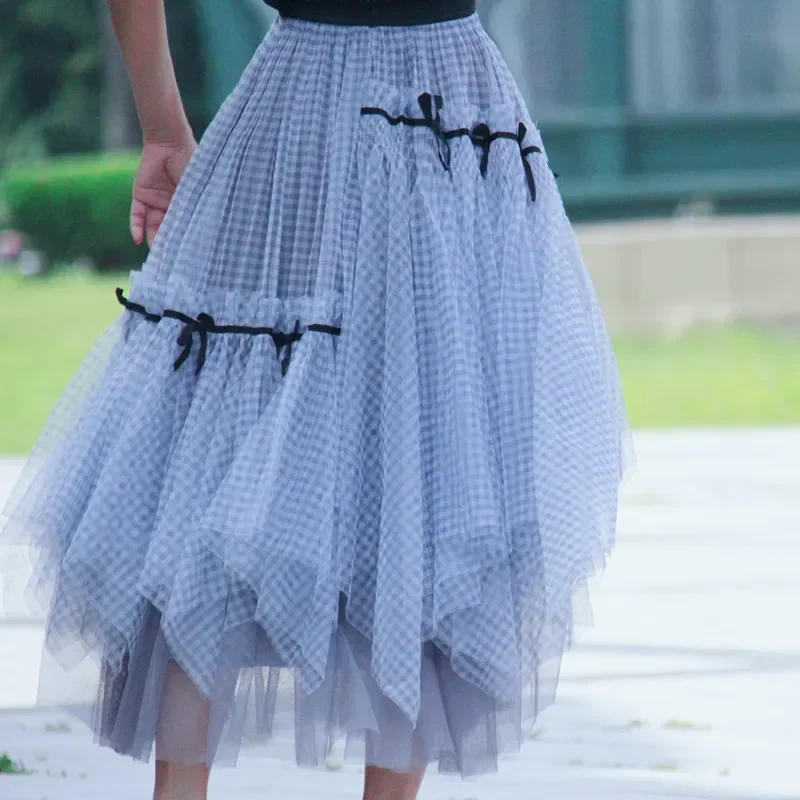 New irregular skirt high waist butterfly knot belt retro small grid gauze skirt fluffy large swing