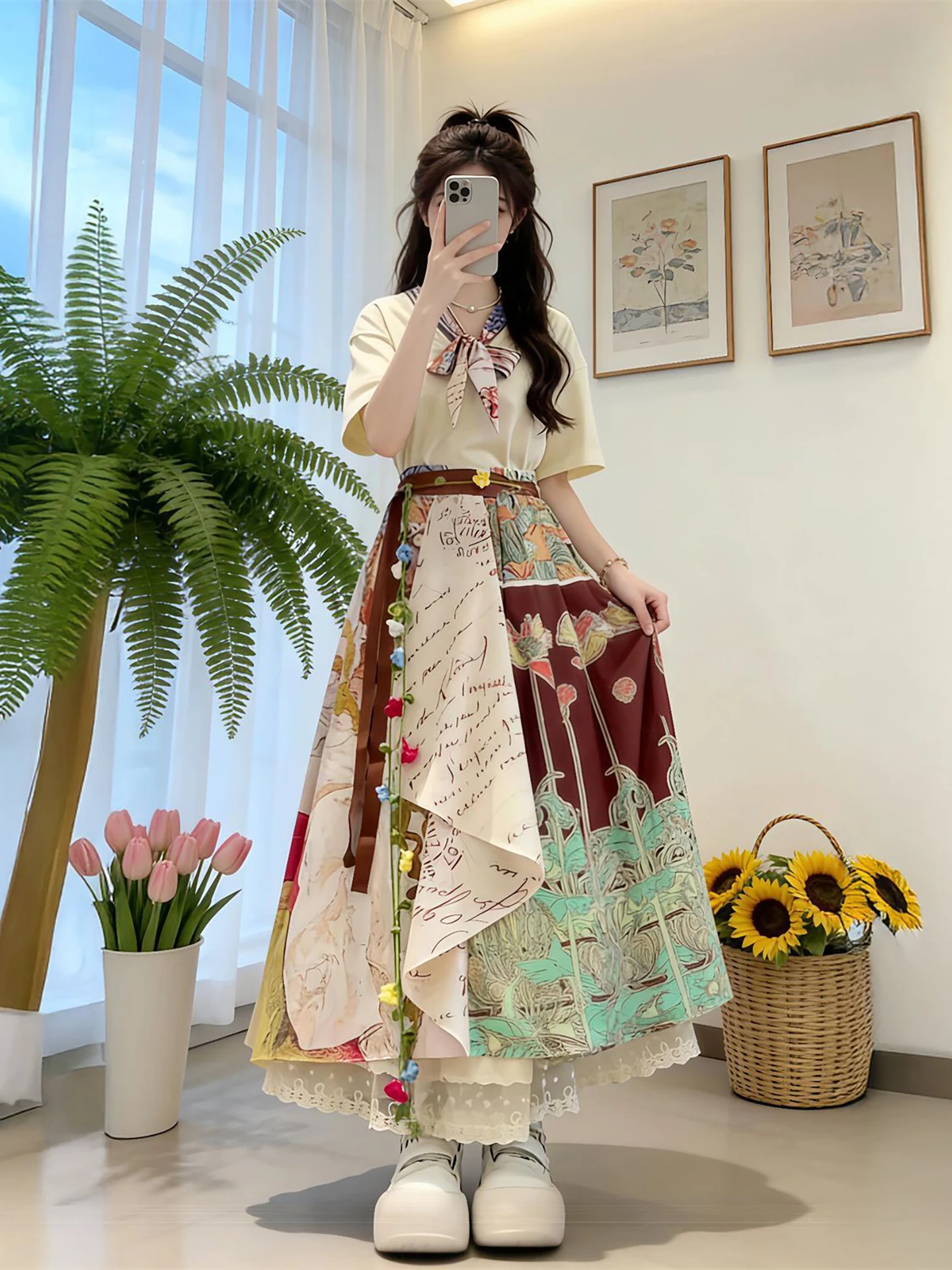 Conjunto de Dos Piezas con Falda y Top de Manga Corta con Parches de Pintura al Óleo de Van Gogh, Ropa Casual de Primavera/Ve...