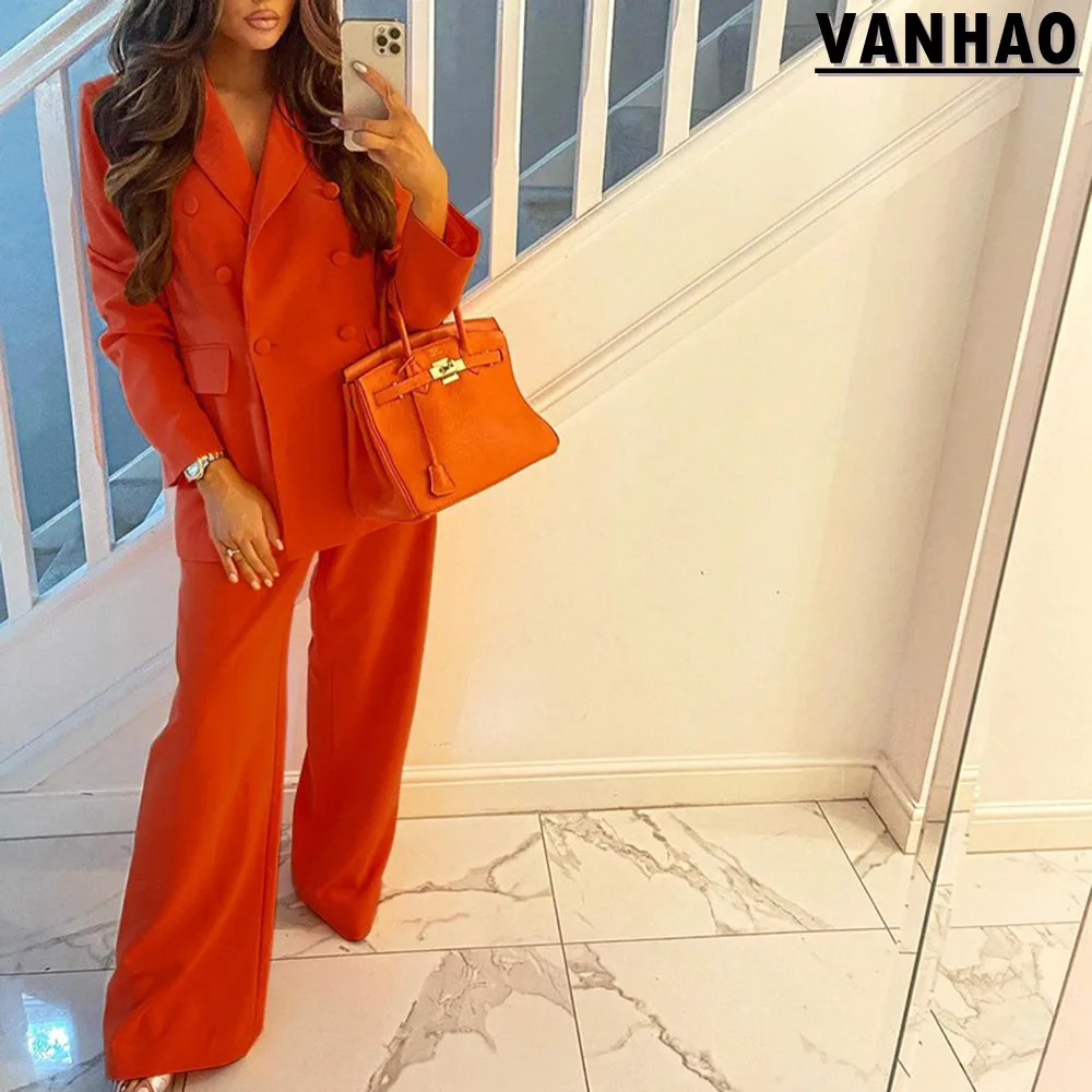 VANHAO Solid Color Casual Long Sleeve Blazer and Wide Leg Pants Two Piece Set Women Office Outfits 2023 Wholesale Dropshipping