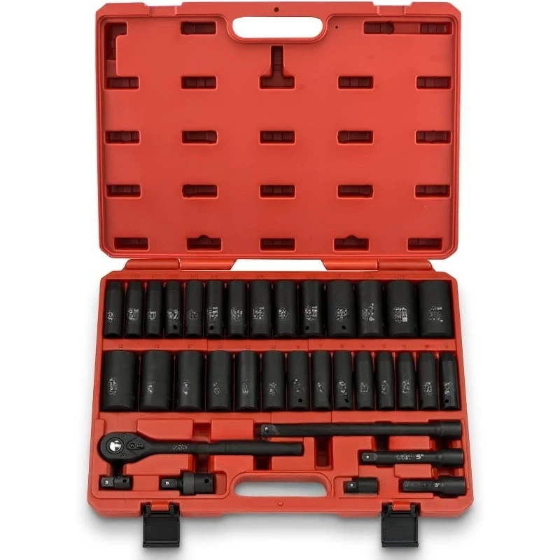 

02446A 1/2" Impact Socket Set, 35 Piece, Deep Socket Kit Assortment, Standard SAE (3/8”-1-1/4”) and Metric MM (10-32mm)