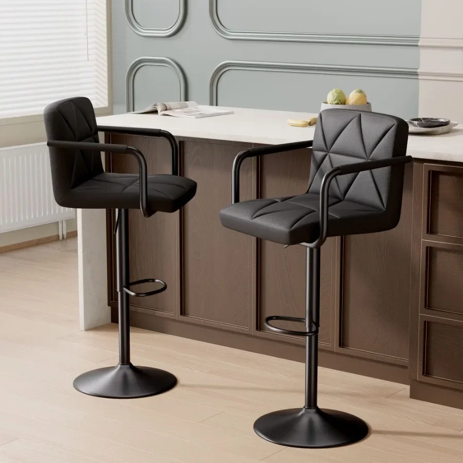 

Bar Stools Set of 2 Seat Adjustable Height 25.5-34.5IN Barstools with Back and Arms Swivel PU Leather Upholstered Square Counte