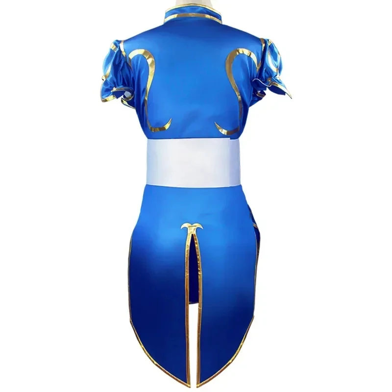 Costumes de cosplay Chun Li pour les Jeux 2026, Robe Cheongsam bleue Sutorito Faita avec ceinture, coiffe et perruque pour femmes et filles, pour fête d'Halloween BMR2Y