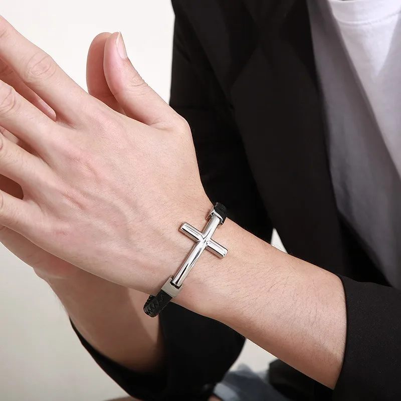 Black Genuine Leather With Cross Charm Bracelet - Stainless Steel 304