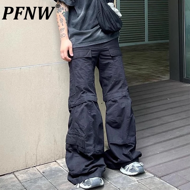 PFNW American Trend Flared Pants Multi-Pocket Removable Wide Leg Cargo Pants Men's High Street Casual Black Trousers 28W5689