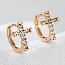 Wbmqda Fashion Cross Pendant 585 Rose Gold Color Natural Zircon Hoop Earrings For Women Unique Daily Matching Jewelry