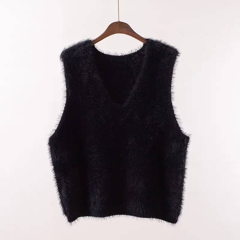 

Loose V-Ne Svel Knitted Sweater Vest Pure Color Imitation Fur Women's Autumn New Sle Faion Ladies Vest