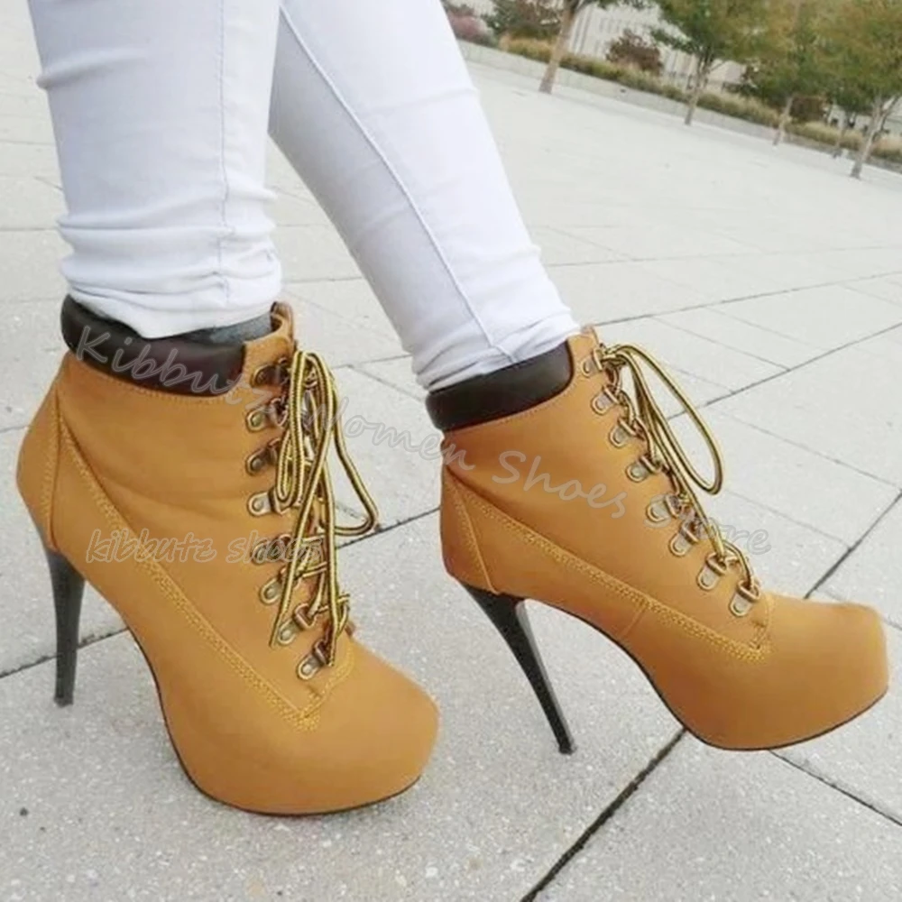 

Suede Lace-Up Ankle Boots Platform Luxury Fashion Elegant Concise Sexy Mixed Color Pointed Toe High Thin Heels Women Shoes New