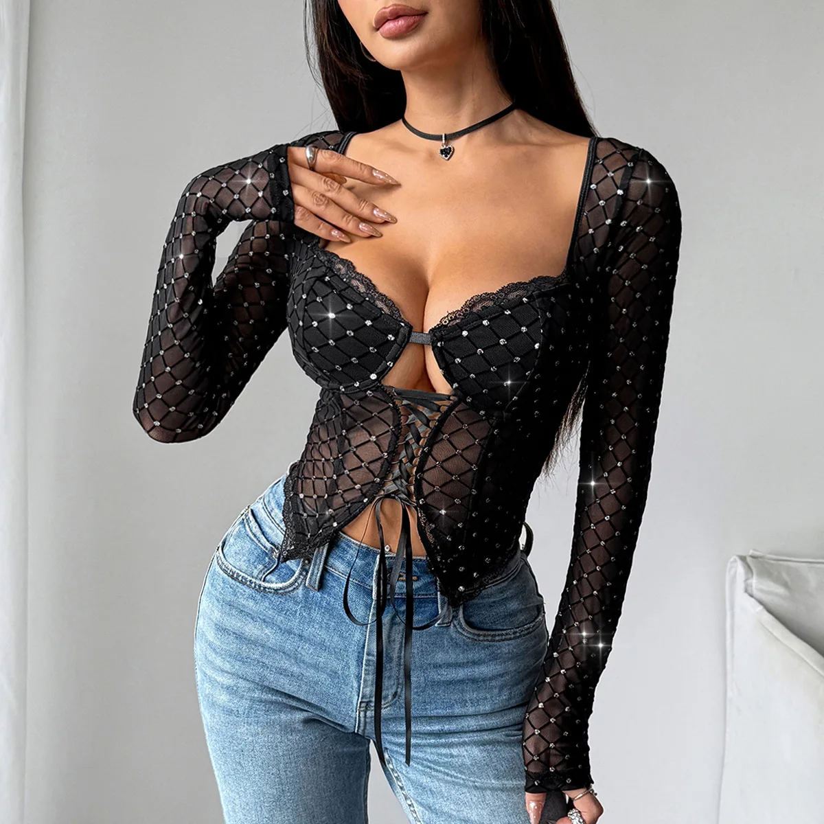 2025 Woman Clothing Top Women T-shirt Tank Top Female Clothes Tops Fashionable Breathable Lace-Up Openwork Long-Sleeve Top