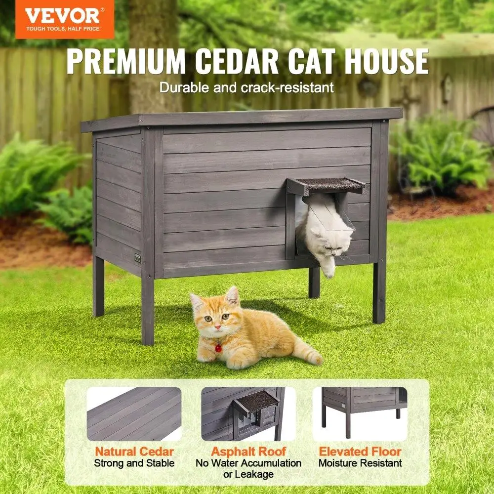 Wooden Outdoor Cat House - Feral Cat Shelter with Roof & PVC Door Flaps for Weather