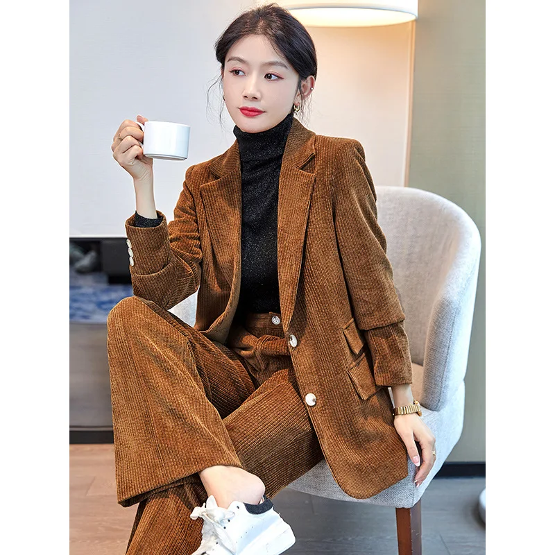 Women\'s Clothing New casual business temperament commuting fashion autumn winter new loose corduroy suit two-piece Pant Suits