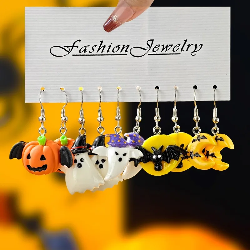 جديد هالوين سلسلة الراتنج المجوهرات المتخصصة الإبداعية شبح اليقطين قبعة الخفافيش أقراط القرط مجموعة #2