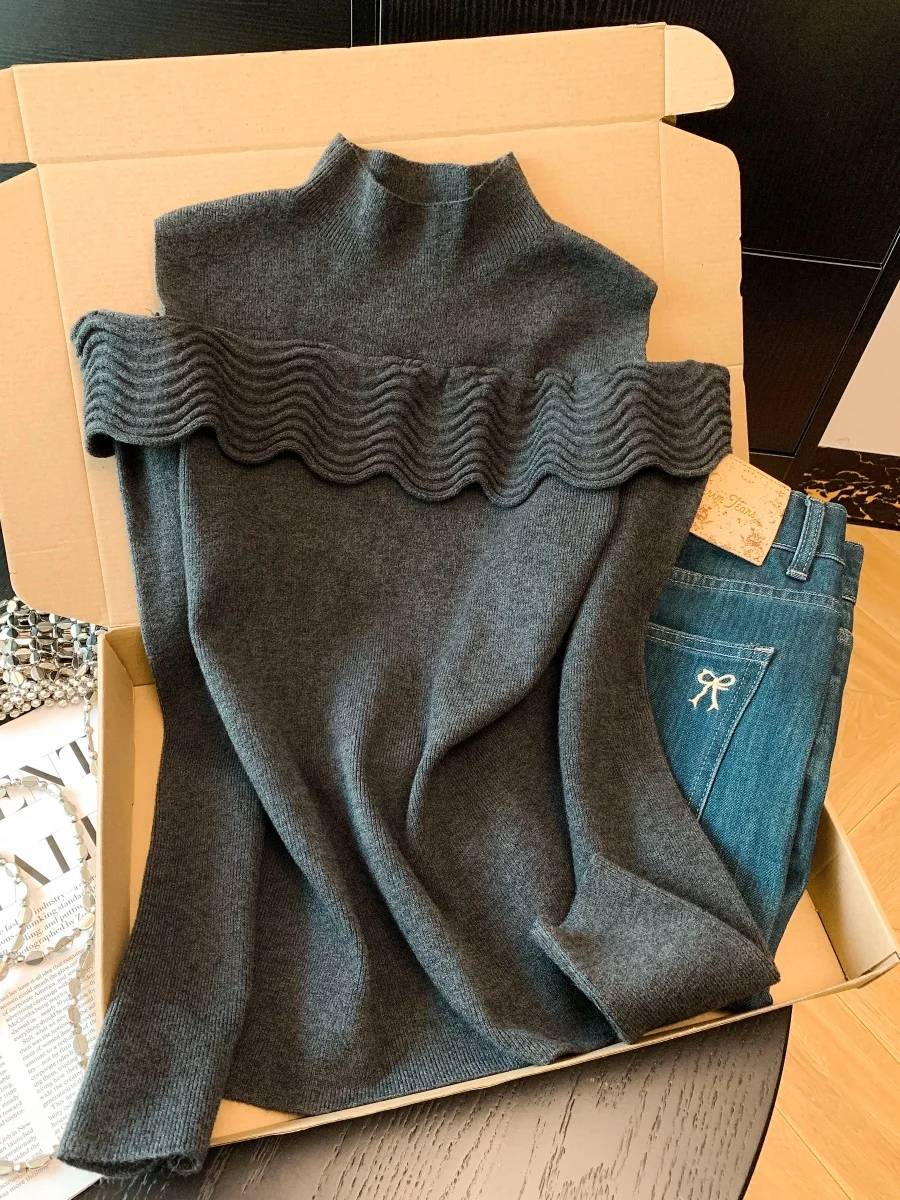 

ay f-High Collar Ruffle oulder Knitted Top Women's Autumn Winter Design Sensation Long Sve Base Layer Sweater