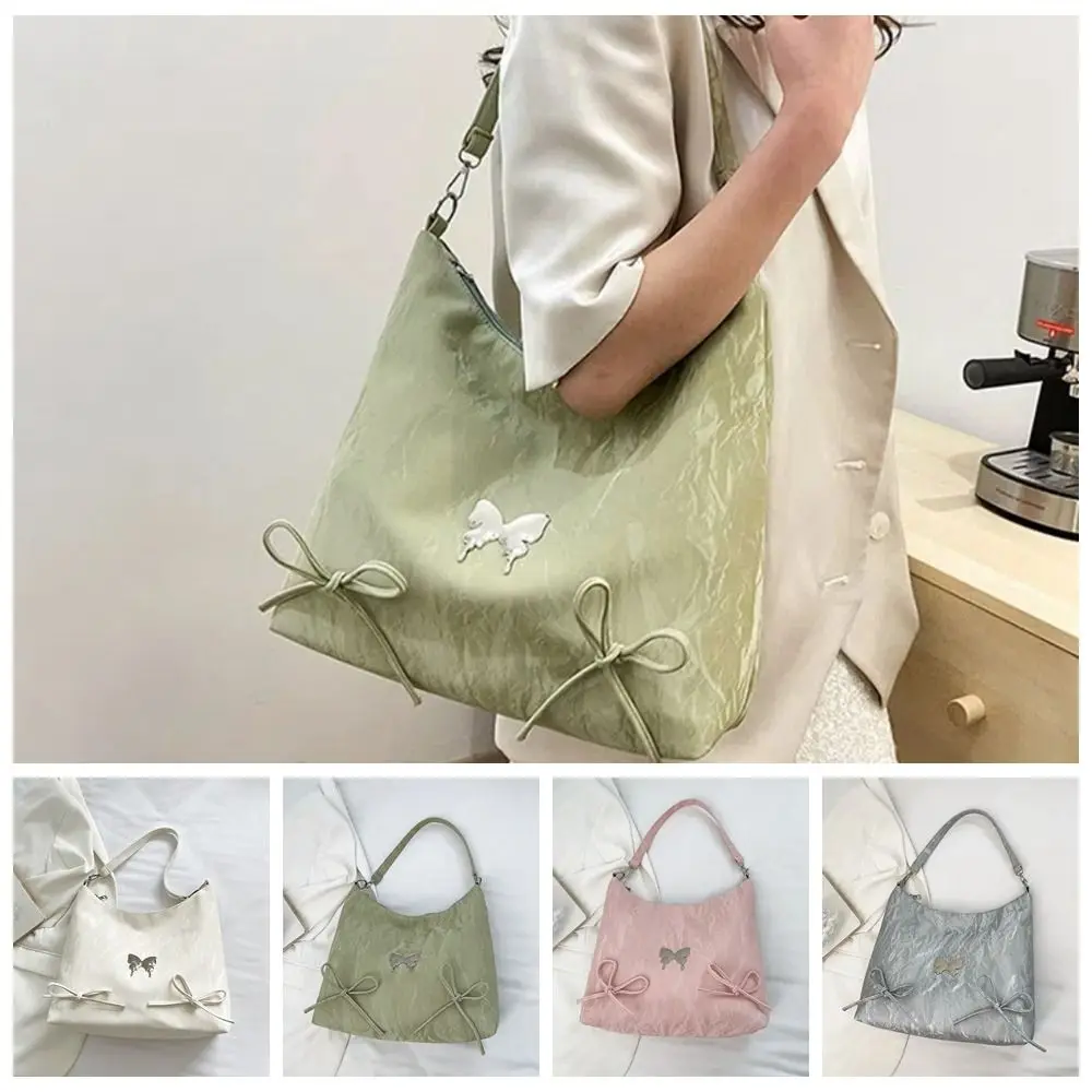 Satin Surface Bow Ribbon Handbag Solid Color Large Capacity Texture Underarm Bag Portable Metal Butterfly Zipper Shoulder Bag