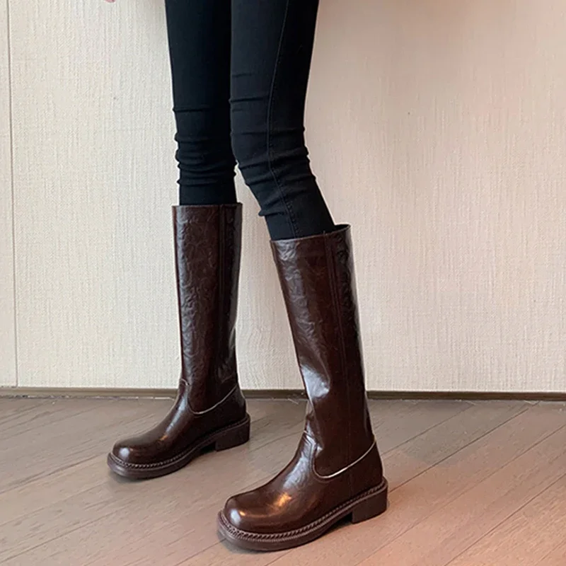 Yozcttaa Size 34-39 Women Knee High Boots Real Leather Vintage Thick Heels Shoes Platform Boots Winter 2025 Casual Office Dress