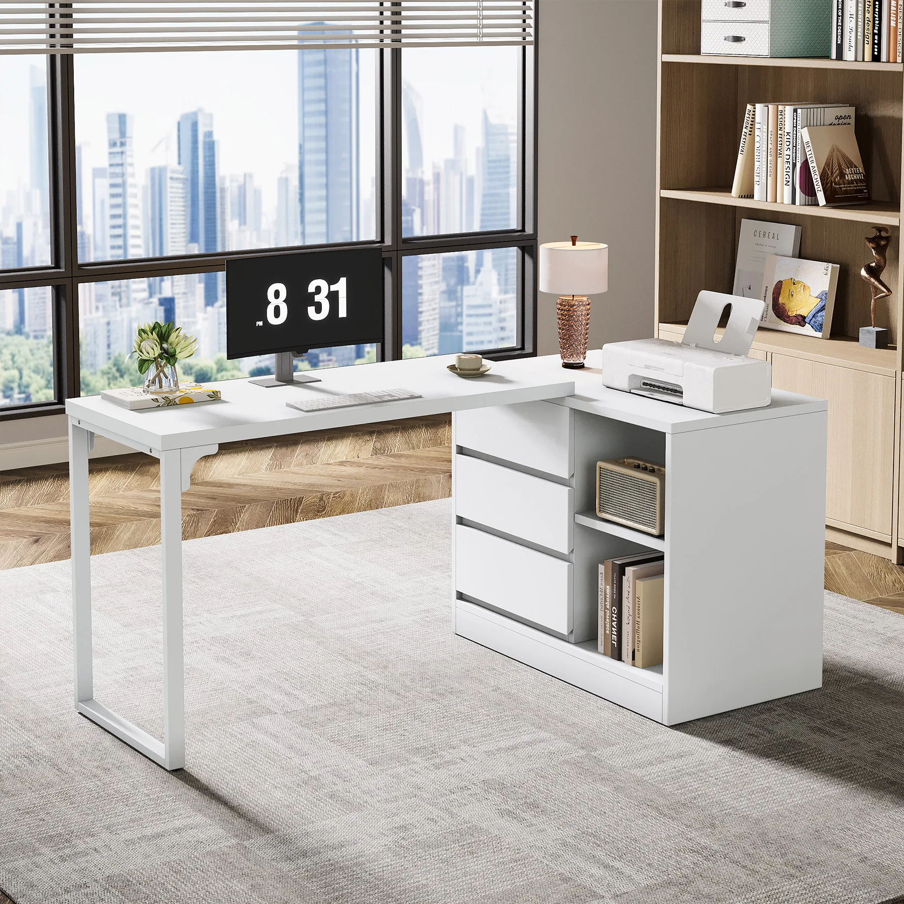 L-shaped computer desk with drawers and shelves, reversible corner desk