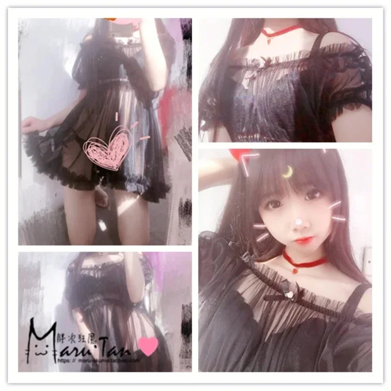 Sexy Lingerie Anime Cosplay Nightdress Women Transparent Lace Black White Lovely Erotic Princess Sleepwear Set Lolita Dresses XC