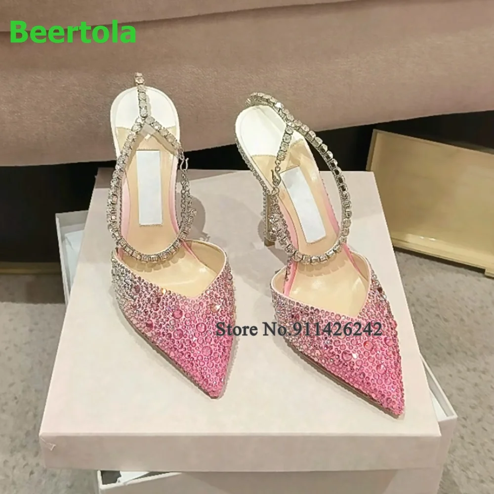 Crystal Gradient Ankle Strap Luxury Design Pumps For Female Women Thin High Heel Pointed Toe Sexy Elegant Blingling Party Shoes