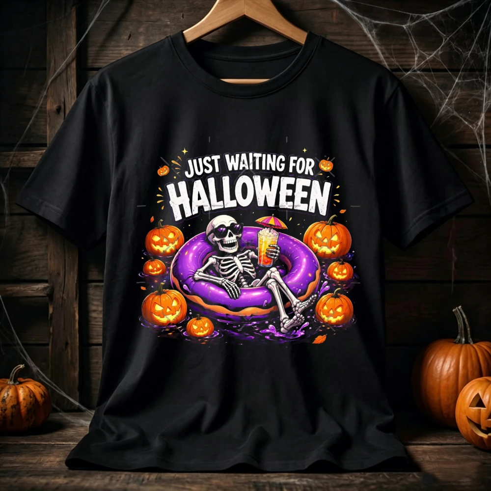Just Waiting for Halloween Skeleton Swim Ring Pumpkin T-shirt Men Women Unisex Cotton Short Sleeve Tee Tops Graphic T Shirts