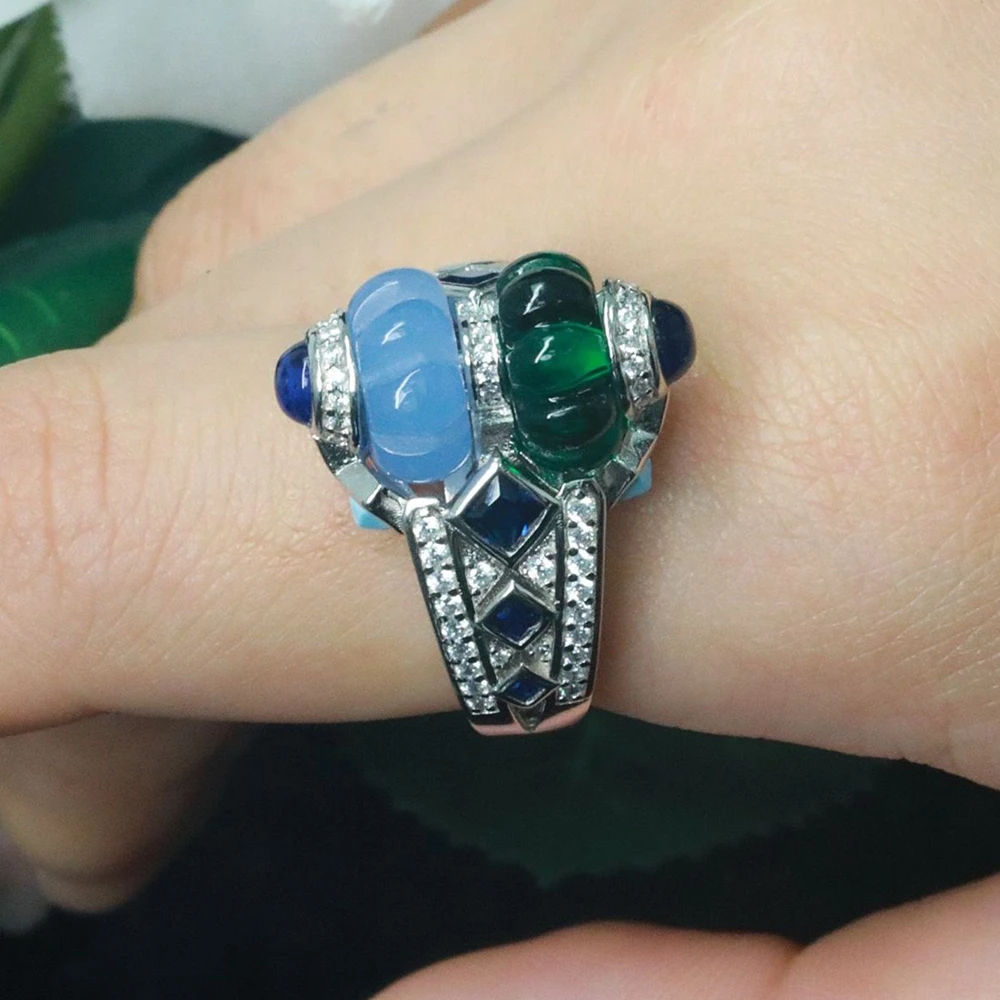 

Solid 925 Silver With Lab Blue Sapphire Carbon Diamond Engaraved Emerald Green Gemstone Lantern Cocktail Fruit Rings For Women