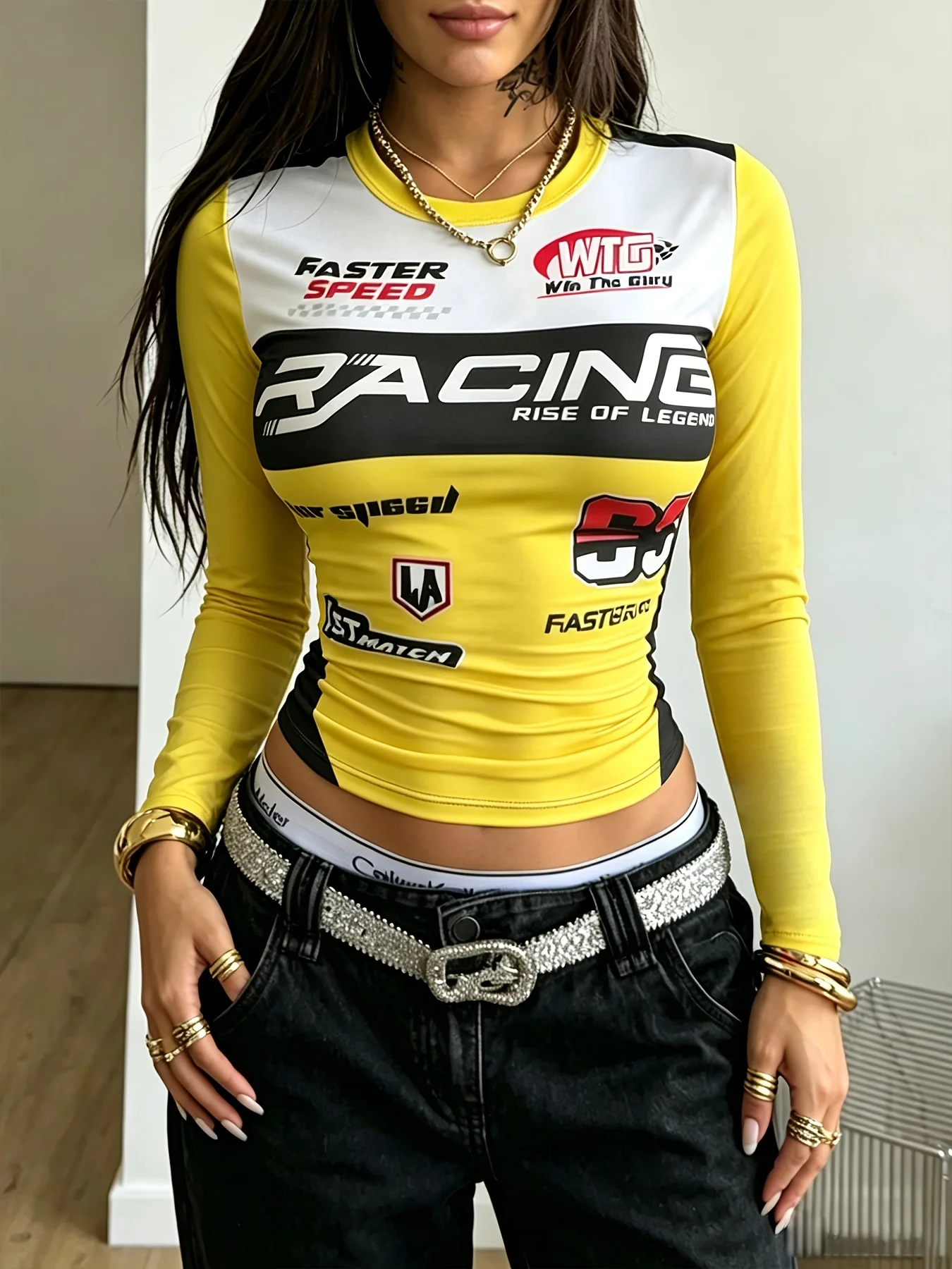 Red and White Striped Retro Racing Letters MOTO Print Long Sleeve T-Shirt Retro Millennial Streetwear Graphic Family T-Shirt