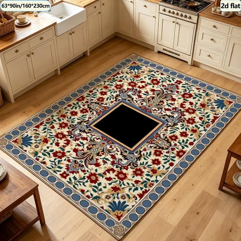 Oriental Retro Red Floral Border Pattern Carpet Non-Slip Carpet Soft Indoor Living Room Bedroom Decorative Floor Mat