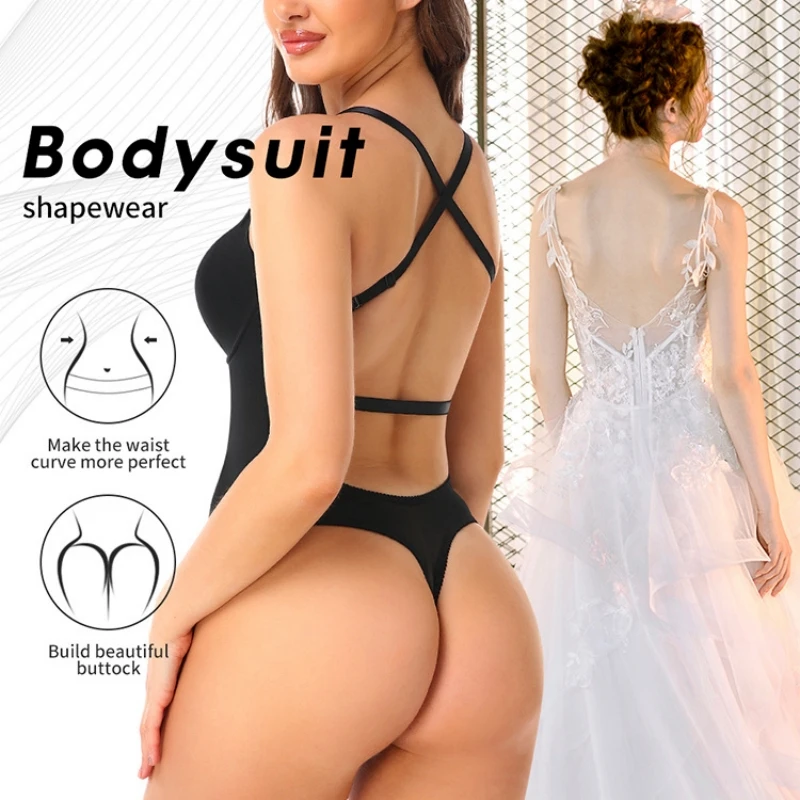 

Women Thong shapewear Tummy Control Plunge Invishaper Backless Low Back Body Shaper Built In Bra Bodysuit Fajas