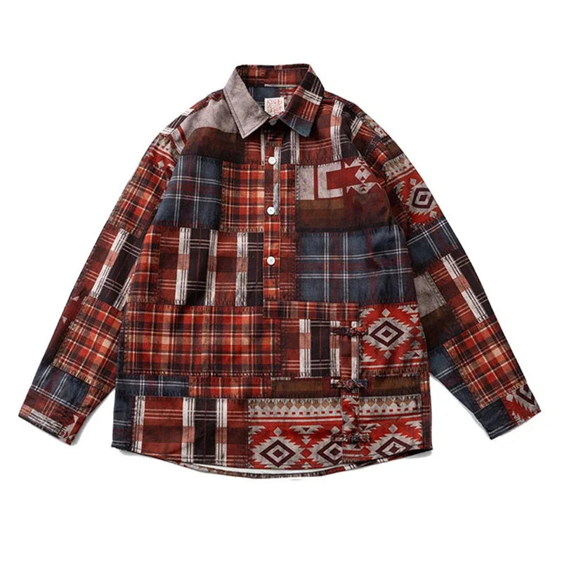 American Retro Horner Irregular Plaid Loose Casual Ethnic Style Long Sleeved Shirt Jacket Men's and Women's Fashion