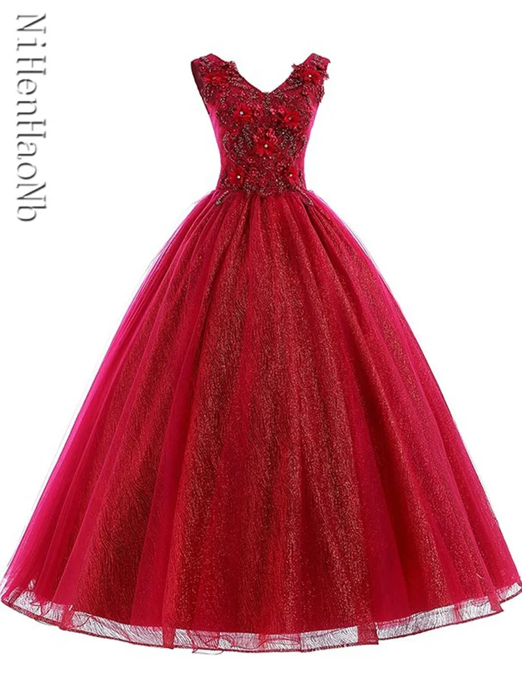 Wijn Rode Glanzende Quinceanera Jurk Mouwloze Feestjurk Elegante V-Hals Baljurk Vintage Prom Jurken Formal Robe De Bal Aanpassen