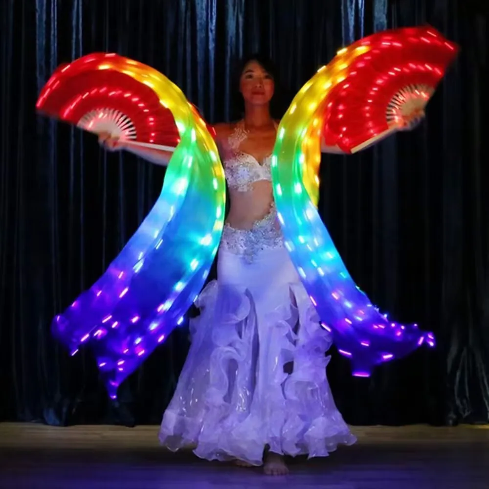 

LED Real 100% Chinese Silk Fans Belly Dance Costumes Party Show 180CM 1 Pair Led Fan Veils for Dance Yellow Orange Red and White