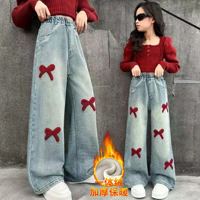 Autumn Winter New Girls Jeans Bow Print Lining Plush Thick Warm Wide-Leg Denim Pants For 5-14Y Girls Korea Style Long Trousers
