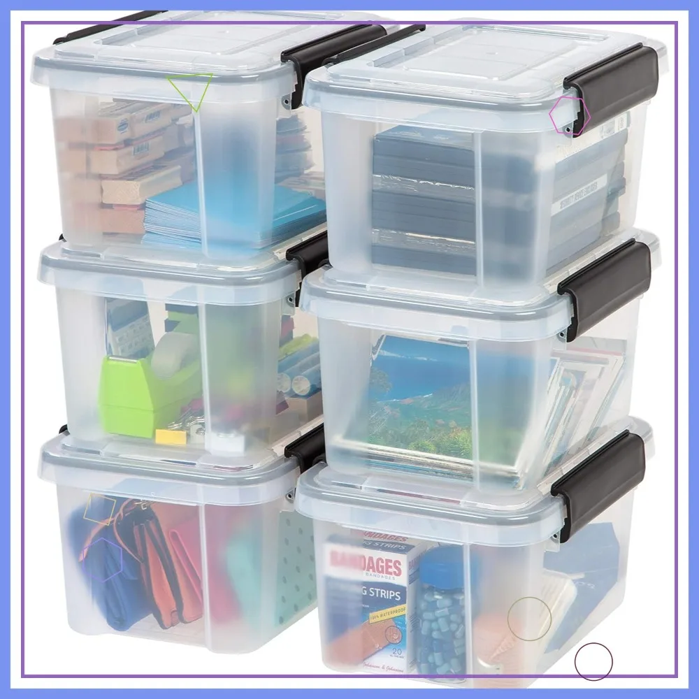 

Набор из 6 пластиковых контейнеров для хранения объемом 7 кварт с герметичными крышками, прозрачные/черные, защищают от пыли и влаги