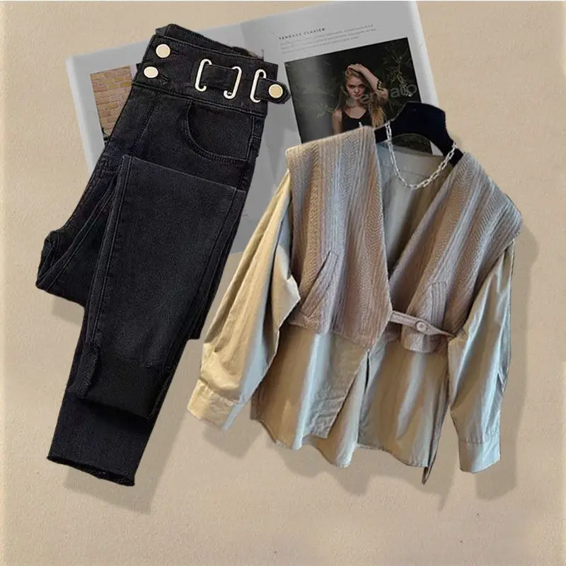 Spring and Autumn Fashion Women's Set New Fake Two Piece Korean Edition Shirt Women's Look Thin Versatile Jeans Two Piece Set