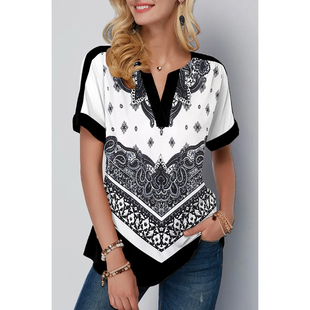 Plus Size Women's Clothing Short Sleeve Shirt Split Collar Paisley Print Short Sleeve Casual Shirt Clearance Sale