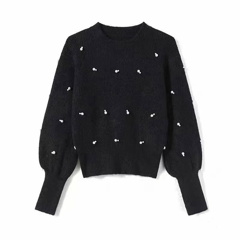 

For Women Autumn Winter French Gentle Round Neck Long Sleeve Beads Knitted Sweater